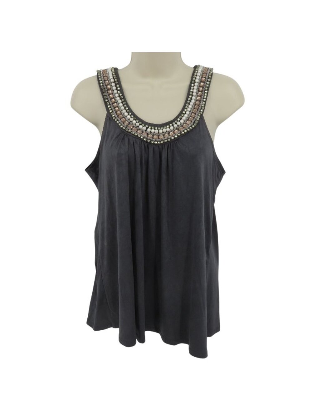 BCX Women Large Bead Rhinestone Scoop Acid Wash Gray Tank Top Blouse Shirt Y2K